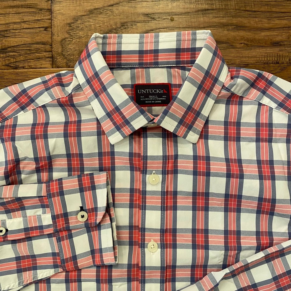 UNTUCKit Plaid Button Down Shirt Mens Small Red Blue Performance Stretch L/S